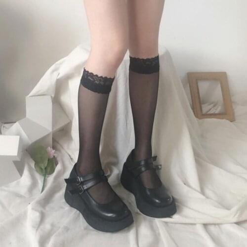 Women Stockings Knee Socks Breathable for Summer Elastic Transparent Lace Japanese Style 2 Colors Socks