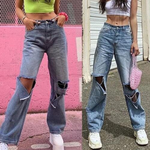 Women High Waist Destroyed Flare Jeans Vintage Ripped Hole Wide Leg Denim Long Pants Harajuku Loose Baggy Trousers