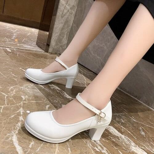 2021 New Women Dress Shoes Medium Heels Mary Janes Shoes Patent Leather Pumps Ankle Strap Ladies Shoe Office Zapatos Mujer