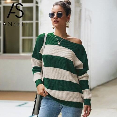 Women Sweater Knitted Tunics Contrst Striped Pullover One Shoulder Dropped Shoulder Long Sleeve Street Wear female Knitted Tops