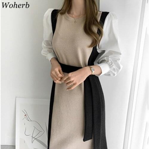 Woherb Elegant Contrast Color Patchwork Dress Women Korean Temperament O-neck Belt Waist Fall Fashion Long Dresses Vestidos