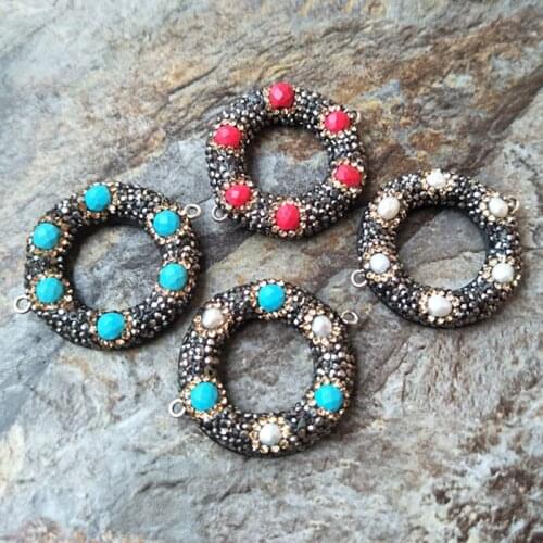 10Pc Round Shape Crystal Rhinestone With Howlite Stone Paved Charms Connector DIY Making Bracelet necklace Jewelry finding CT189