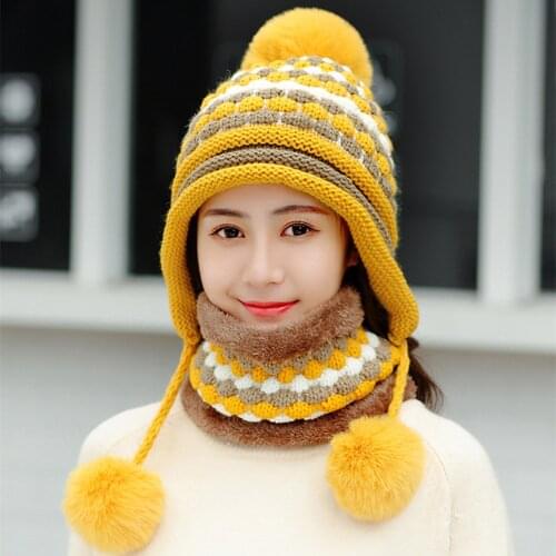 2019 Winter Two-piece Velvet Hats women 3 Hair Ball Knit Bib Warm Beanies Hat Female Windproof Wool Bonnet Riding Caps Sets