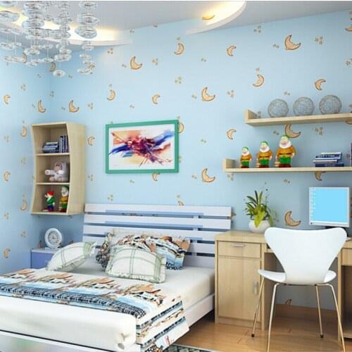 Beibehang Boy girl room children bedroom 3D wallpaper cartoon moon and stars living room TV background 3D wallpaper blue pink