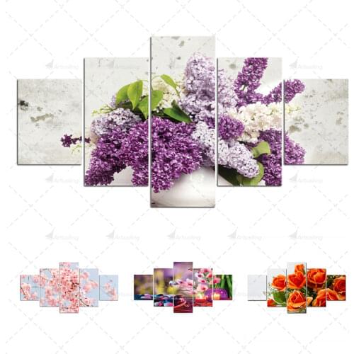 Cherry Blossoms Wall Art Modern 5 Pieces Magnolia Orchid Flower Picture Canvas Painting Lotus Posters Natural Flowers Landscape