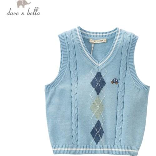 DBX16354 dave bella spring baby boys casual cartoon plaid knitted coat children fashion sleeveless vest