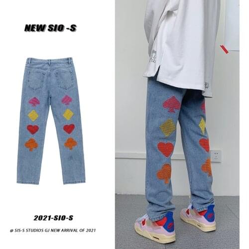 Mens Graphic Graphic Printed Embroidery Jeans 2021 Woman Korean Streetwear Straight Denim Pants Male Casual Oversize Jeans