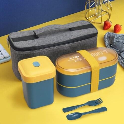Japanese style Double Layer Healthy Lunch Box With Fork And Spoon Microwave Bento Boxes Dinnerware Set Food Container Storage