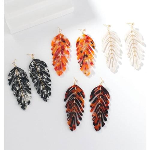 Layered Resin Leopard Feather Dangle Earrings with CZ Stone 2021 Hot Selling Long Acetate Acrylic Leaf Drop Earrings for Women