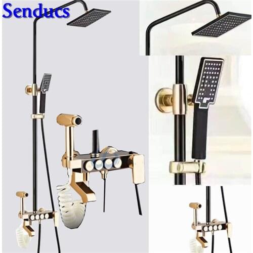 Senducs Space Aluminum Black Gold Shower Set Fashion Gold Bathroom Bidet Square Top Shower Quality Aluminum Shower Set