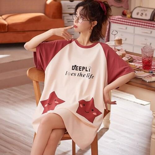 Causl Cartoon Nightgowns Womens Pajamas Summer Cotton Long Dresses Sleepwear Female Night Wear Breathable Home Sleeping Dress