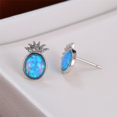 Charm Silver Color Pineapple Stud Earrings Cute Female Blue White Opal Earrings For Women Vintage Zircon Wedding Double Earrings