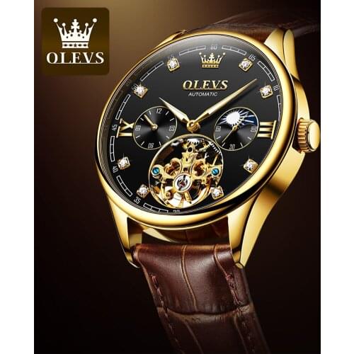 OLEVS Top Brand Mens Automatic Mechanical Watch Top Waterproof Leather Strap Hollow Mens Moon Phase Luxury Sports Watch 3601