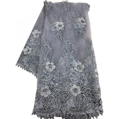 High Quality Wholesale Price Elegant Rhinestone 3D Flower Embroidery Handwork Lace Fabric Gray Color Mesh For Lady Evening Dress