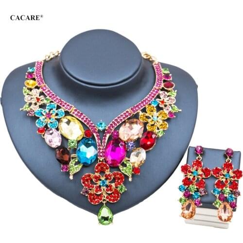 Luxury Jewelry Sets Women Party 2021 CHEAP Big Dubai Jewelry Set Gold Colorful Drop Earrings Necklace Set F1075 Statement CACARE