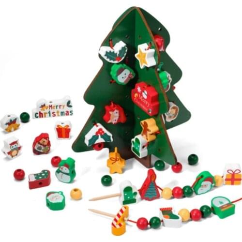Christmas Wooden Toys Christmas Tree Dress Up Game Building Block Threading Stacking Montessori Education Toy Xmas Gift for Baby