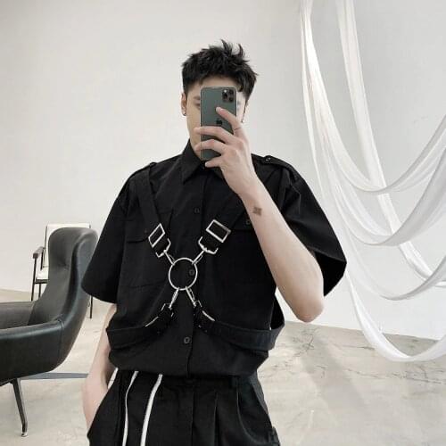 Summer iron ring ribbons design men women hip hop punk shirt short sleeve oversized blouse man pink color vintage casual shirts