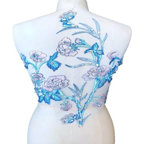 Handmade skyblue Hot drilling Rhinestone pearl lace embroidery patch applique wedding dress bordados DIY Performance clothing