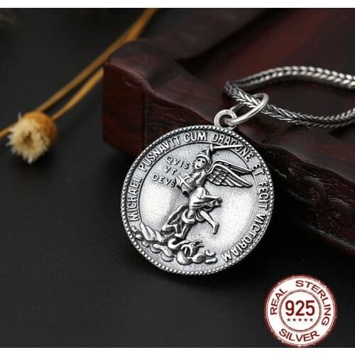 Handmade S925 Sterling Silver St. Michael Archangel Guardian Angel Pendant Retro Thai Silver Male and Female Dome Drops Jewelry