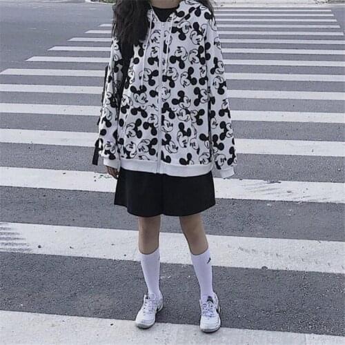 Disney Mickey Mouse Zipper Sweater Spring Autumn Loose Hoodies Cartoon Tops Long Sleeve Pockets Sweatshirt Casual Womens Hooded