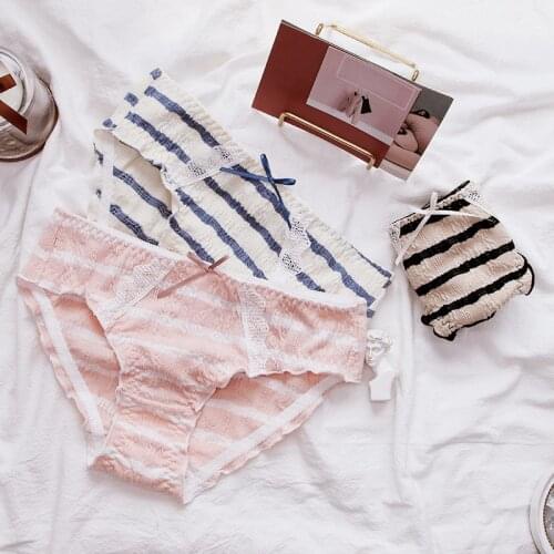 SP&CITY Modern Vogue Navy Stripe Briefs Women Jacquard Weave Seamless Underwear Lovely Bow Sexy Panties Lace Lace Lingerie