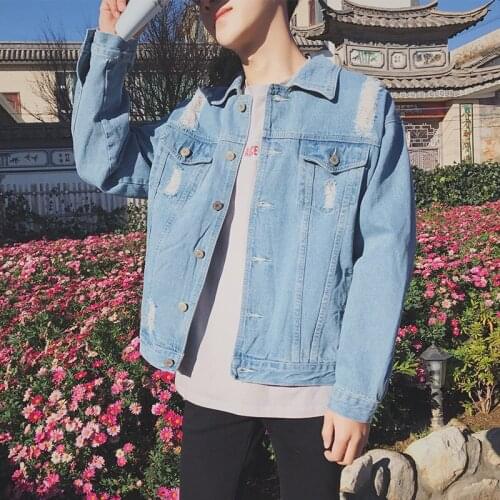 Hong Kong Style Spring Simple Mens Hole Washed Denim Jacket Japanese Loose Coat