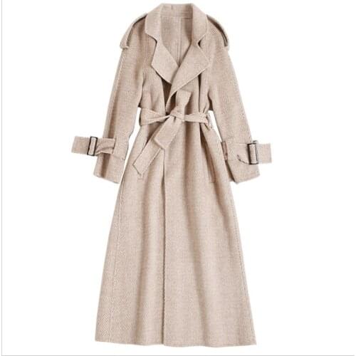 Lady Herringbone new loose outwears thin and long casual style double-sided cashmere woolen coat Women trench coats wool jacket