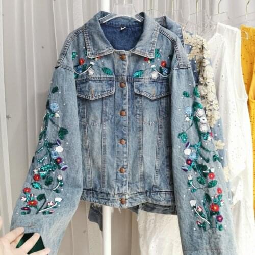 Women Spring and Autumn Embroidered Rived Loose Jeans Coats Y712