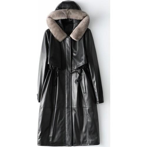 2021 Autumn Winter High Quality Sheepskin Coat Women Mink Fur Collar Hooded Long Leather Down Jacket Large Size 4XL