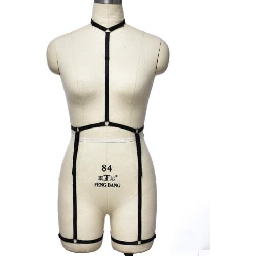 Black Harness Bodysuit Women Sexy Bondage Lingerie Set Goth Stockings Garter Rave Adjustable Body Cage Bra Elastic Body Harness