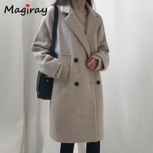 Magray Wool Blend Coat Women Long Sleeve Collar Outwear Long Jacket Korean Casual Autumn Winter Elegant Overcoat Woolen Coat 107