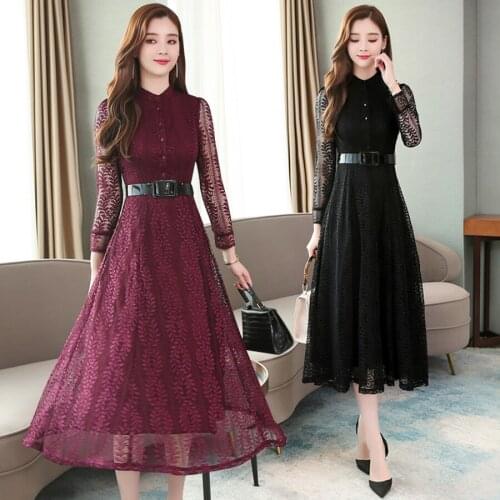 2020 Vintage Solid Lace Boho Midi Dresses Autumn Winter 3XL Plus Size Sexy Long Sleeve Dress Elegant Women Bodycon Party Vestido