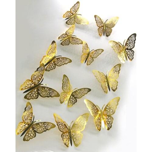 3D Hollow Out Shining Butterfly Wall Stickers Golden/Sliver/Blue/Rose Gold Room Wall Decor Wedding Decoration 12pcs Party Suppli