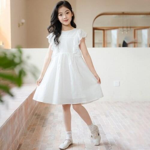 White Embroidery Girls Dress 2021 New Kids Party Dress Children Summer Clothes Teen Cotton Two Layers Fly Sleeve Fashion,#6105