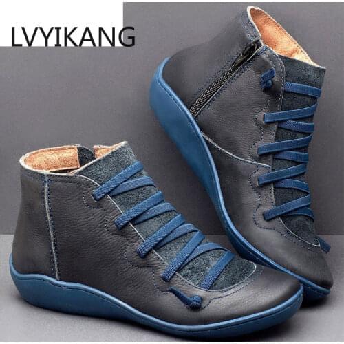 Ankle Boots Women PU Leather Zip Vintage Ladies Flat Cross Strap Woman Platform Shoes Female Casual Womens Short Boots 2019