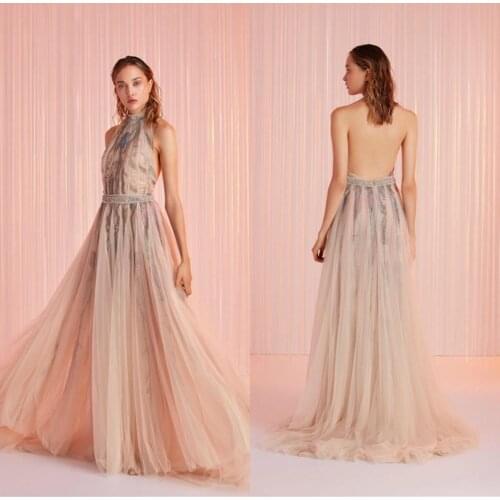Elegant Lace Evening Dresses Halter Neck Applique Tulle Prom Gowns 2020 Custom Made Open Back Sweep Train Special Occasion Dress
