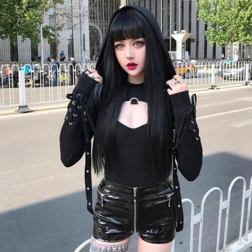 Cool Women Gothic Sexy Long Sleeve Bandage Solid Short Hooded Crop Top Fashion Pillovers Sweatshirt Hoodies Scary Party Costume