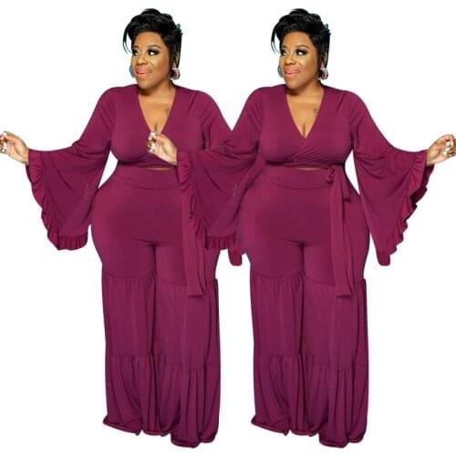 Sexy 2 Piece Set Women Matching Set Big Plus Size Long Sleeve Tops + Wide Leg Pants Set Elegant Evening Night Club Femme Clothes