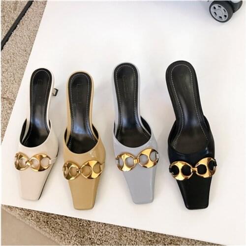 2021 Fashion Women Slippers Spring Thin High Heel Female Square Toe Slip On Mules Shoes Brand Metal Chain Elegant Ladies Causal