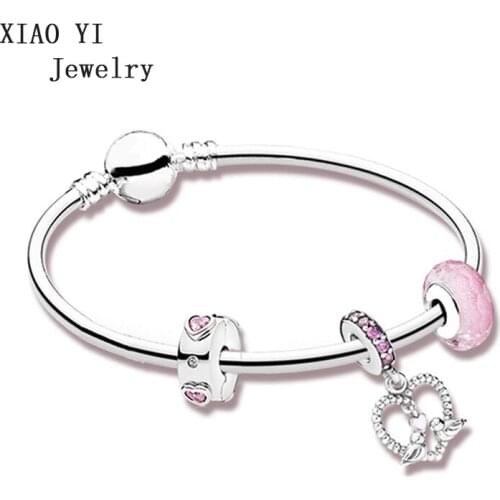 XIAOYI 100% s925 charm pink love true love lifetime bracelet set valentines day gift female jewelry gentle lovely