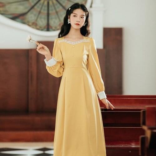 2020 new fashion womens clothing autumn Square Collar Full Vintage dresses