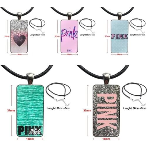 Glass Cabochon Pendant Necklace Rectangle Fashion Necklace For Child Pink Fashion Love