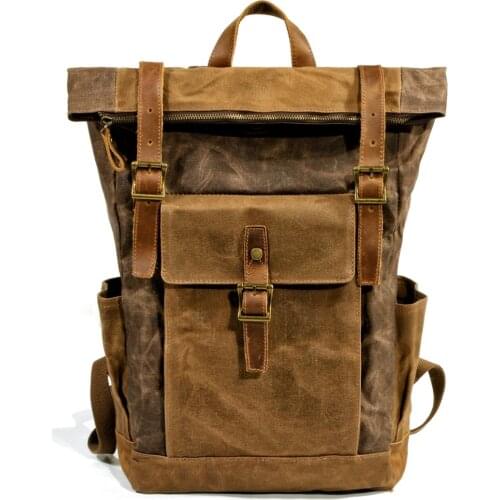 Retro locomotive travel bag outdoor hiking knapsack large capacity cowhide canvas backpack