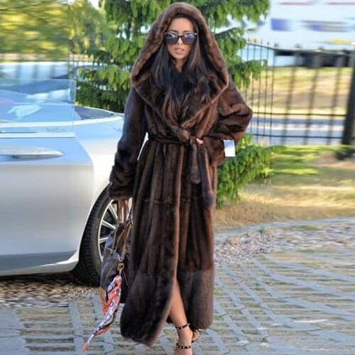 2021 Winter Fashion Real Mink Fur Coat with Hood High Quality Full Pelt Genuine Mink Fur Coats Outwear with Fur Belt Slim Woman