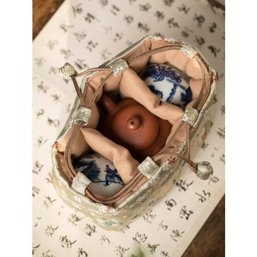 Chinese Style Traditional Retro Yunjin One Pot Two Cups Portable Storage Bag Travel Teapot Teacup Storage Bag Tea Tools LB444