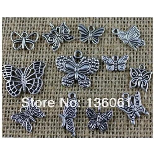 Vintage Silver Ankh Cross Girl HOPE Flower Anchor Rooster Butterfly Dangle Sailing Ship Charms Pendant For Jewelry Bracelet