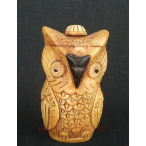 YIZHU CULTUER ART Collection Tibet China ox Bone Hand Carving Vivid Owl Statue Snuff bottles Trinket Decoration