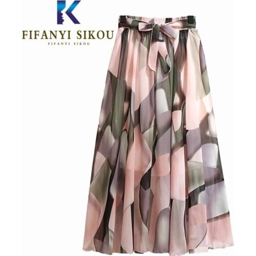 Summer Women Bohemia Long Skirts Floral Print High Waist Chiffon Pleated Skirt Female Elastic Waist Casual Beach A-Line Skirt