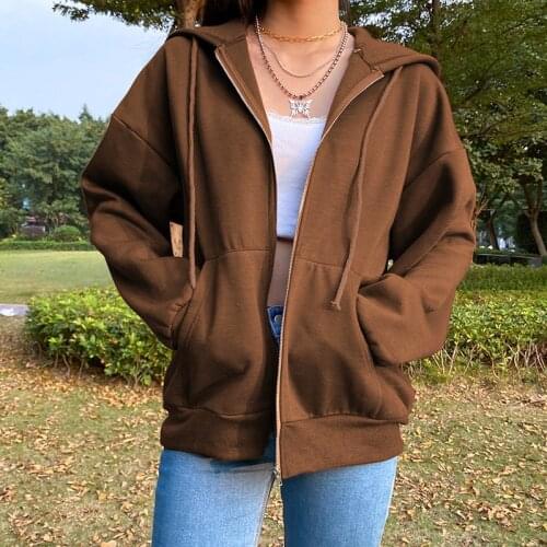2021 Vintage Brown Zip Up Sweatshirt For Women Autumn Fashion Hoodies Jacket Solid Plus Size Casual Femme Top Sweatshirt