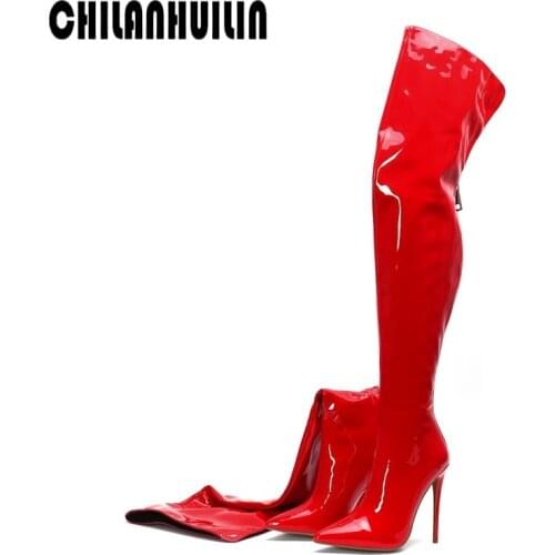 Women black red patent leather thigh high boots sexy high heels pointed toe ladies autumn winter over the knee long boots woman